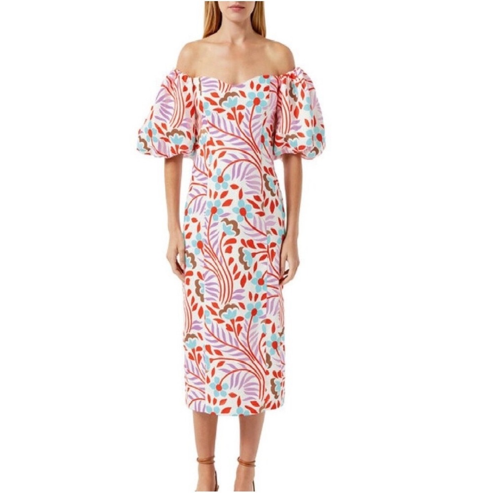NWT RHODE Karima Off Shoulder Linen‎ Midi Dress Lago Vine Print Sz 2